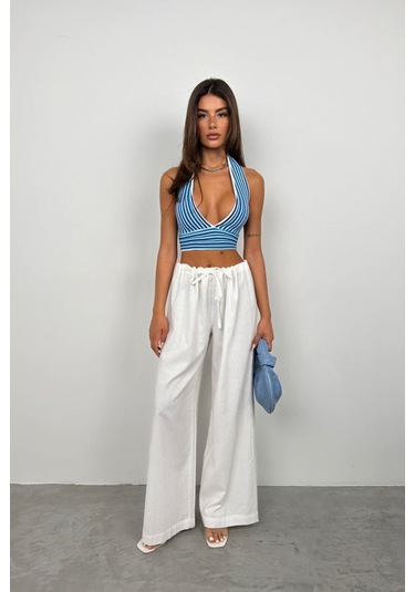 Çizgili Boyun Bağlamalı Crop Mavi