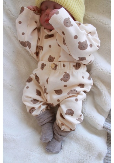Ayıcık Baskılı Bebek Alt Üst Takım Ekru