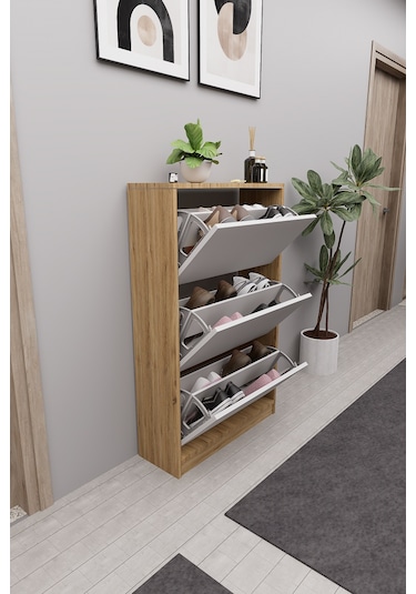 Mirobi Kembe 3 Bölmeli Açılır Modern Dekoratif Ayakkabılık Çam - Beyaz