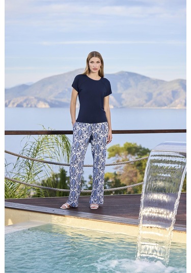 Monamise Kadın Etnik Desenli Kısa Kollu Bisiklet Yaka Büyük Beden Pijama Takımı 25111bat. Lacivert