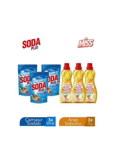 Miss Arap Sabunu 1000 Ml X 3 Adet + Soda Plus 500 Ml X 3 Adet 6'lı Set