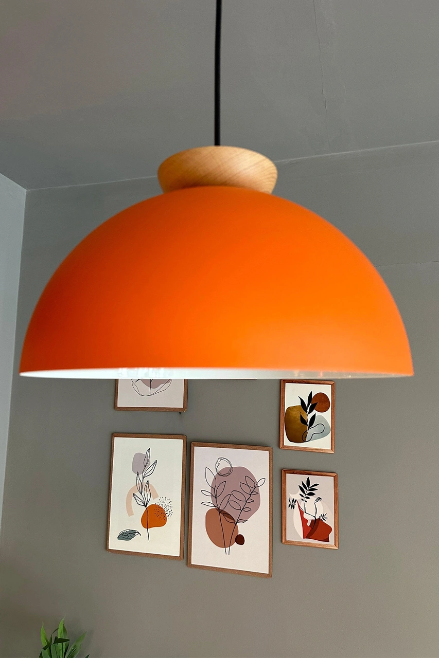 Yimpi Mat Turuncu Avize Ahşap Tekli Sarkıt Salon Kuaför Cafe Dekoratif Aydınlatma Pastane Turuncu