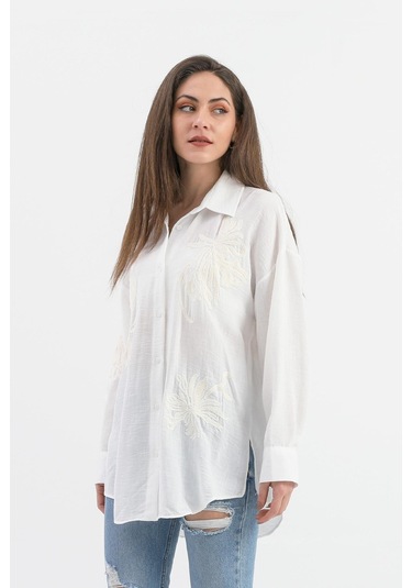 Pulpayet Nakışlı Keten Gömlek - Ekru-ekru Ekru
