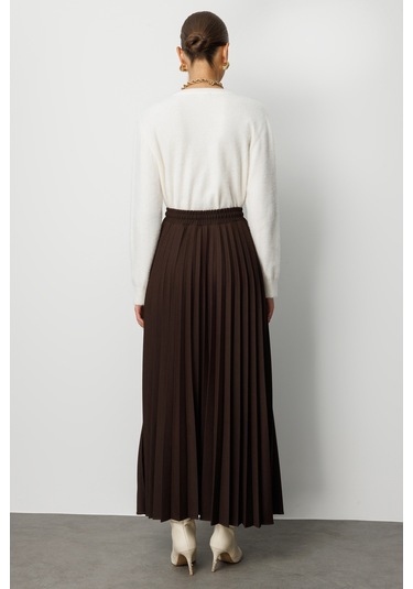 Mizalle Örme Krep Piliseli Maksi Kahverengi Etek Kahverengi