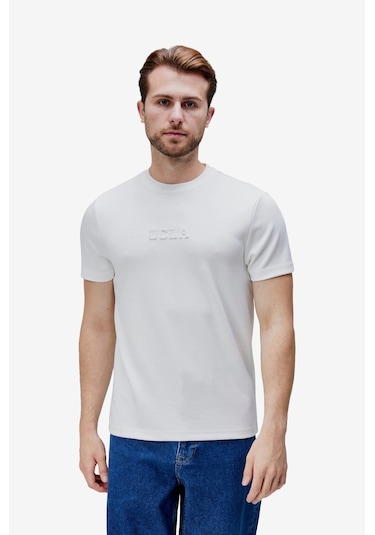 Ucla Canary Beyaz Bisiklet Yaka Gofre Baskılı Modal Kumaş Standard Fit Erkek Tshirt Siyah