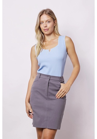 Kadın Cep Detaylı Diz Üstü Hafif Likralı Pamuklu Kumaş Kalem Etek-koyu Gri K.gri