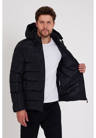 Erkek Siyah Dar Kesim Kapüşonlu Dik Yaka Şişme Mont
