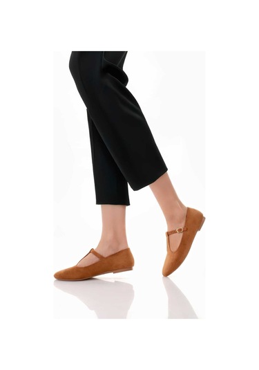 Siyah Süet T-strap Mary Jane Tasarım Babet Taba Tarçın
