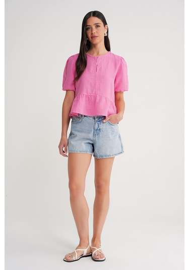 4713 Kadın Beli Büzgülü Kolu Lastikli Bol Müslin Bluz Pembe Pembe