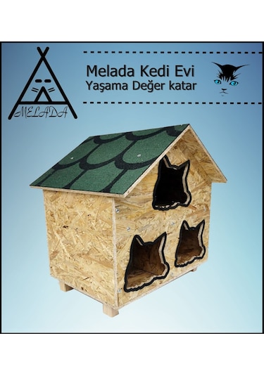 Melada Kedi Evi Dış Ortam Uygun Ahşap Kedi Evi Osb 58x58x40 Cm