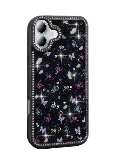 İphone Uyumlu 16 Kılıf Taşlı Simli Kenarları Silikon Parıltılı Azra Kapak Telefon Kılıfı Kamera Korum