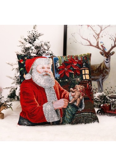 Noel Baba Desenli Kare Kumaş Yastık Kılıfı - Jaquard Dikişli, Pamuklu, 45x45cm Diğer Diğer