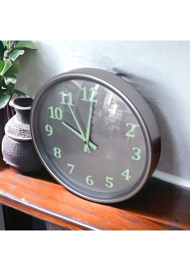 Fosforlu Gece Parlayan Gümüş Salon Mutfak Ofis Duvar Saati 28 Cm Gümüş