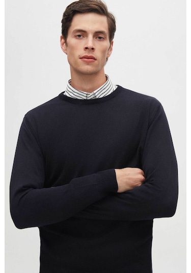 Regular Fit Lacivert Tüylenme Yapmayan Bisiklet Yaka Triko Kazak Lacivert