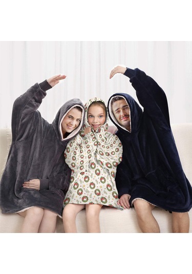 Noel Temalı 6-13 Yaş Çocuk Giyilebilir Battaniye Hoodie, Kalın Peluş, Büyük Boy-a118 Krem - Pembe