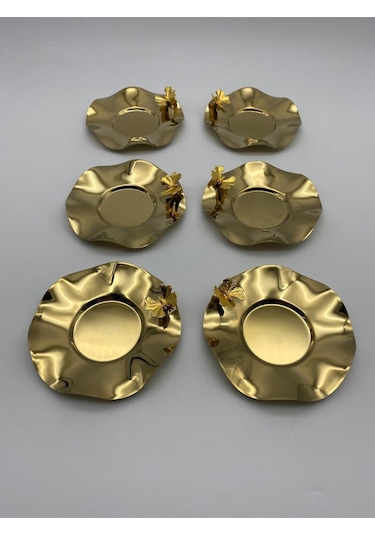 6'lı Kelebekli Gold Dalgalı Model Paslanmaz Çelik Çay Tabağı, Fincan Ve Kupa Altlığı Gold
