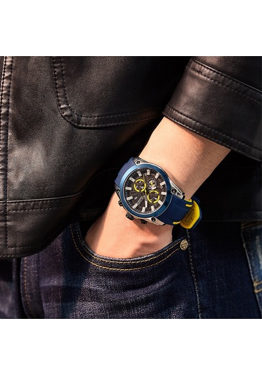 Marka Megir Megir Erkek Saati Çok Fonksiyonlu Kronograf Spor Silikon Erkek Kuvars Spor Saati 2144 Siyah Yüzlü Çelik Kabuk Mavi Kurdele Diğer