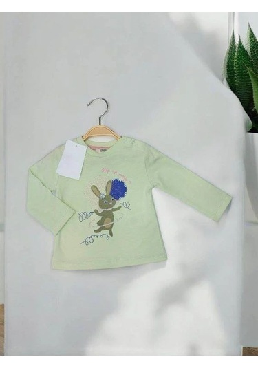 Kız Bebek Tavşan Baskılı Pamuklu İnce Uzun Kollu Bluz-14900 Yeşil