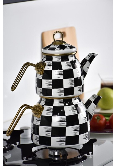 Dama Desenli Emaye Çaydanlık Takımı - Demlik Seti Siyah - Beyaz - Gold