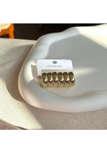 Üç Sıra Çoklu Görünüm Bombeli Çelik Küpe Gold Renk Sarı