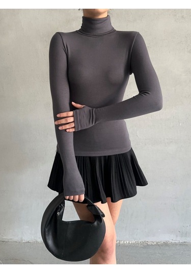 Kadın Parmak Detaylı Balıkçı Yaka Soft Bluz Gri