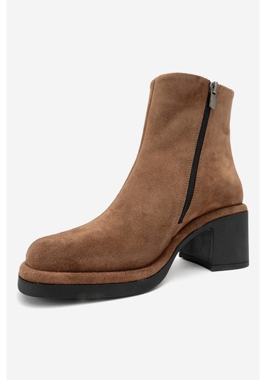 Junae Taba Süet Hakiki Deri Kadın Kalın Topuklu Bot Taba