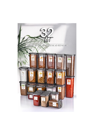 KitchenLife 32'li Etiketli Modernity Kare Erzak Saklama Kabı Seti 1750ml X10 - 1200ml X10 - 550ml X6 - 450 X6
