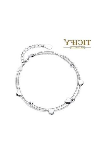 Fastbuy Tatlı Aşk Kadın Çift Katmanlı Yuvarlak Top İnci Kalp Bilezik, Ayarlanabilir Beyaz Beyaz