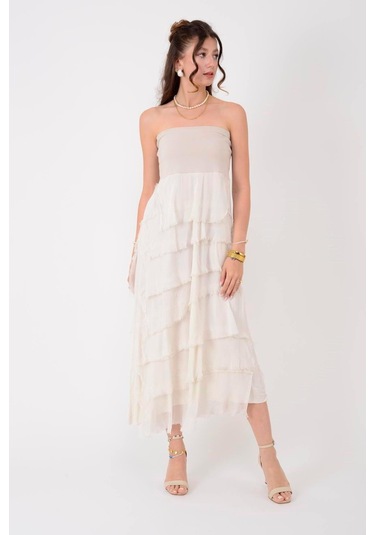 İtalyan 2 Beden Ince Gösteren Kat Kat Ipek Etek & Straplez Elbise Krem