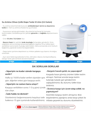 Su Arıtma Cihazı Çelik Depo Tankı 12 Litre 3.2 Galon
