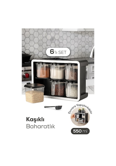 Vienev 6lı 500 Ml Standlı Kendinden Yapışkanlı Kaşıklı Baharatlık Seti Antrasit
