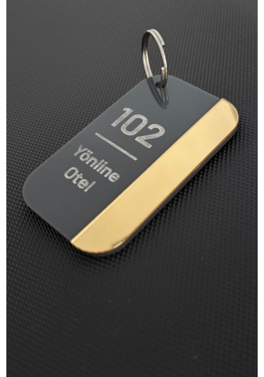 2'li Kişiselleştirilebilir Anahtarlık Antrasit & Gold Pleksi Otel Bungalov Apart Yurt Tesis İsimli Oda Numaralı Siyah