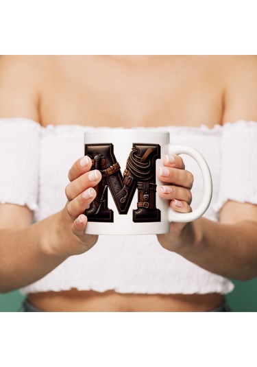 M Harfi Kovboy Temalı Bardak 330 Ml İsim / Harf Kişiye Özel Hediye - Vahşi Batı Konsept Beyaz