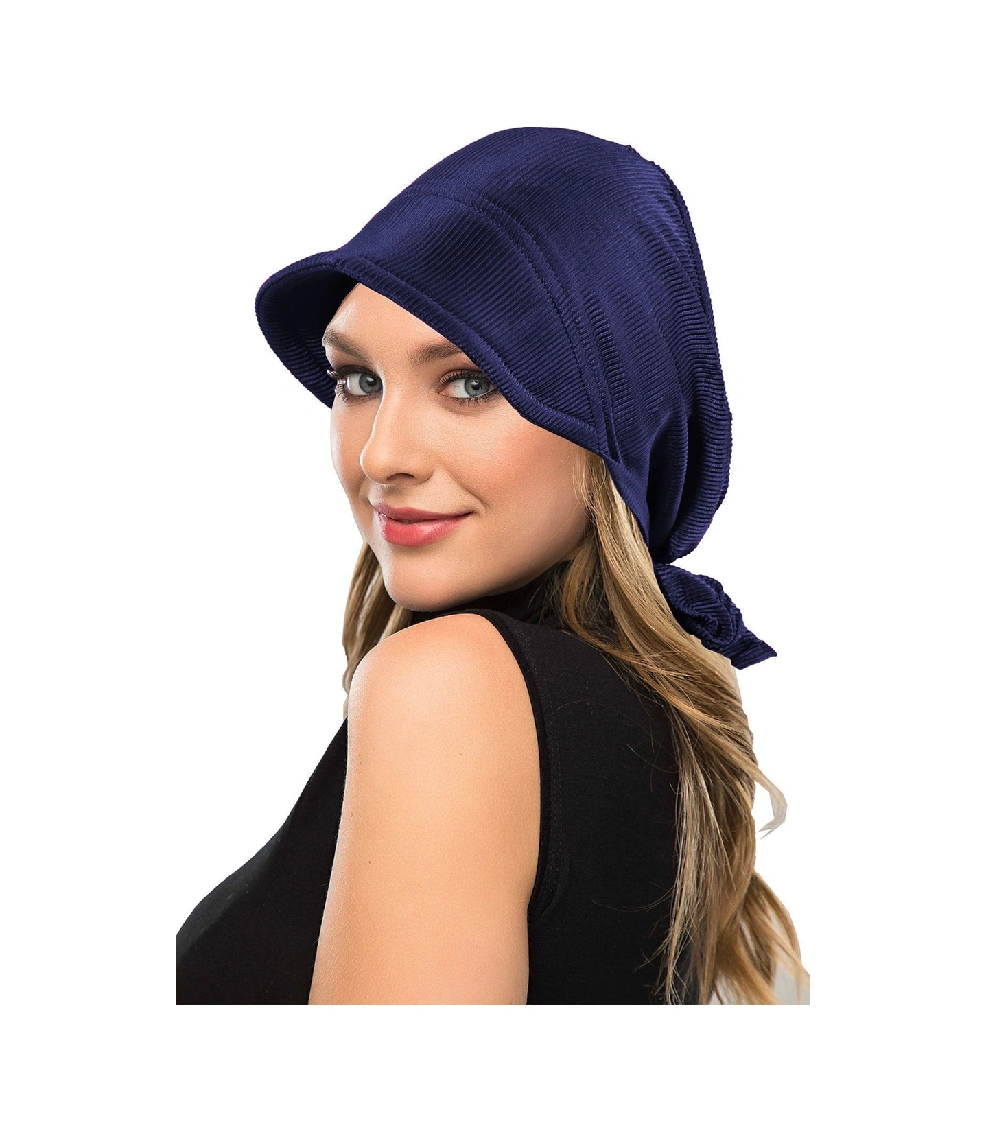 Plise Şapka Lacivert Hazır Türban Tesettür Havuz Bonesi Lacivert