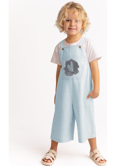 Unisex Tüğ Nakışlı Keten Salopet Mavi Mavi