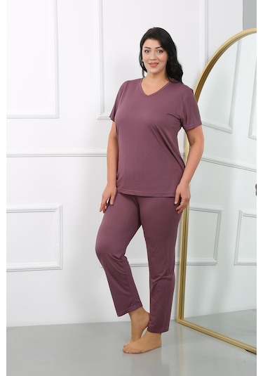Akbeniz Kadın Büyük Beden Kısa Kol Penye Pijama Takımı Mürdüm 202405-mürdüm Mürdüm