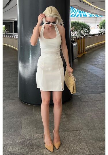 Madmext Beyaz Yüksek Bel Önden Yırtmaçlı Kısa Etek Mg2086 Beyaz