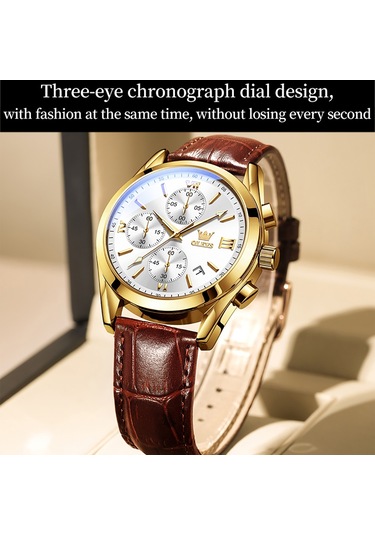 Olevs 2872 Erkekler Üç Göz Altı İğne Kronograf Su Geçirmez Kuvars Saat Beyaz + Altın