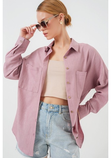 Gülsüm Aydın 20126 Oversize Keten Gömlek - Gül Kurusu GÜL KURUSU