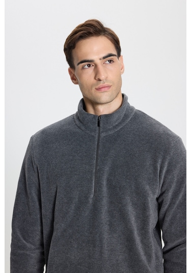 Anti-pilling Tüylenme Yapmayan Standart Fit Bato Yaka Soğuk Geçirmez Sweatshirt Polar Antrasit Melanj