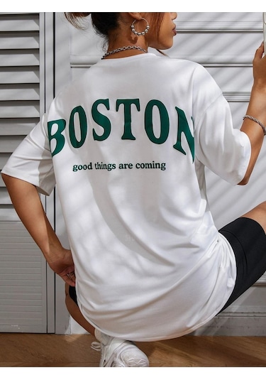 Kadın Beyaz Oversiz Boston Baskılı Örme T-shirt Beyaz-58930