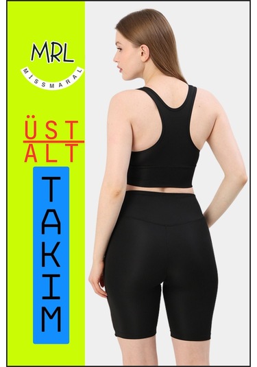 Kadın Siyah Takım Alt-üst Kısa Şort-tayt Ve Pedli Sporcu Büstiyer 2li Set Haki Renk Biyeli Elt3043 Siyah Haki