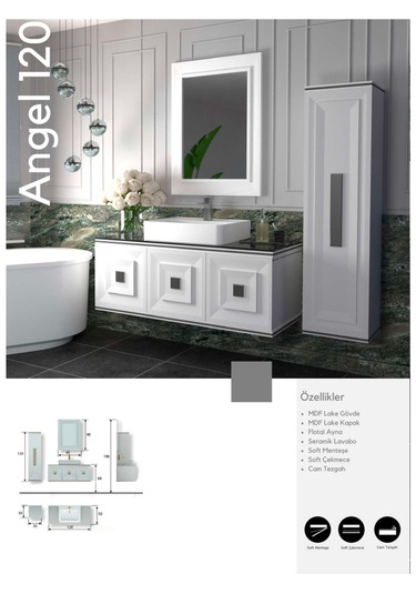 Evros Angel Banyo Dolabı 120 cm Altın - Beyaz