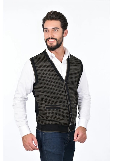 Kamalı Siyah Erkek Çelik Örgü Düğmeli Cepli Kazayağı Desen Tüylenmeyen Triko Kışlık Kazak Yelek Siyah