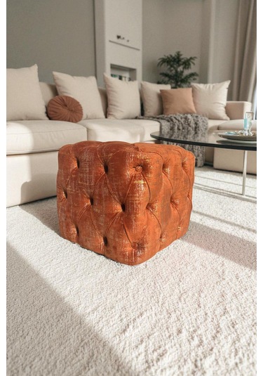 Küp Puf - Best İthal Kadife Babyface Kumaş Varak Baskı - Modern Ve Şık Dekoratif Puf&bench Kiremit