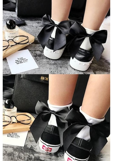 Heleni Kadın Bambu Siyah Fiyonklu Beyaz Soket Çorap Beyaz