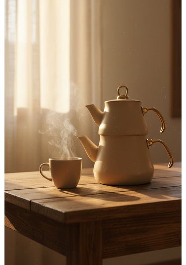 Yunusoğlu Home Granit Kaplama Gold Kulplu Cam Kapak Çaydanlık Krem Krem