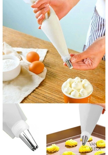 10 Parça Krema Sıkma Torbası Seti Paslanmaz Çelik Uçlu Pasta, Kek Ve Süsleme Torbası Beyaz