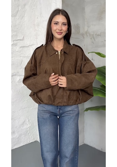 Prifaldi Premium Oversize Süet Bomber Ceket Kahverengı
