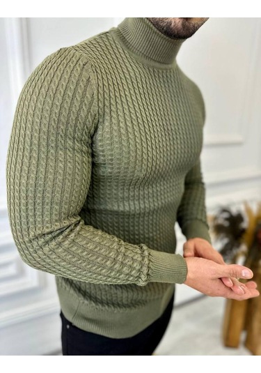 Kazak Slim Fit Tüylenmez Naturel Pamuk Triko Boğazlı Balıkçı Yaka Kazak Haki - Yeşil